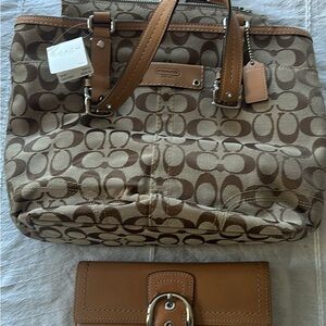 Coach Tan and Brown Signature Tote with Wallet